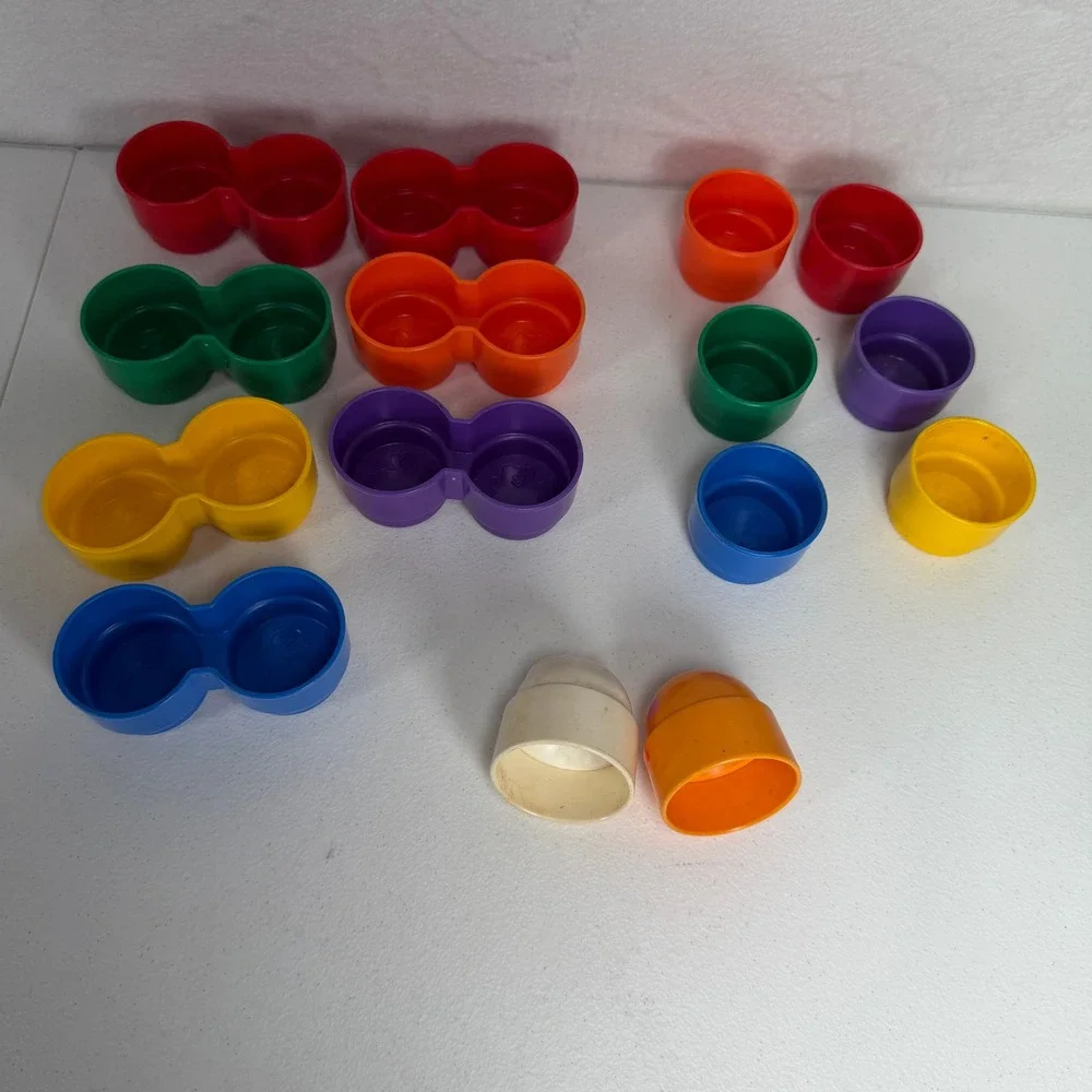 Fisher-Price 1996 Vintage Stacking Blocks Set Rattle Dog Chick Toppers 15pc